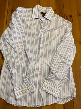 Express Men's Striped Dress Shirt - White, Pink & Blue